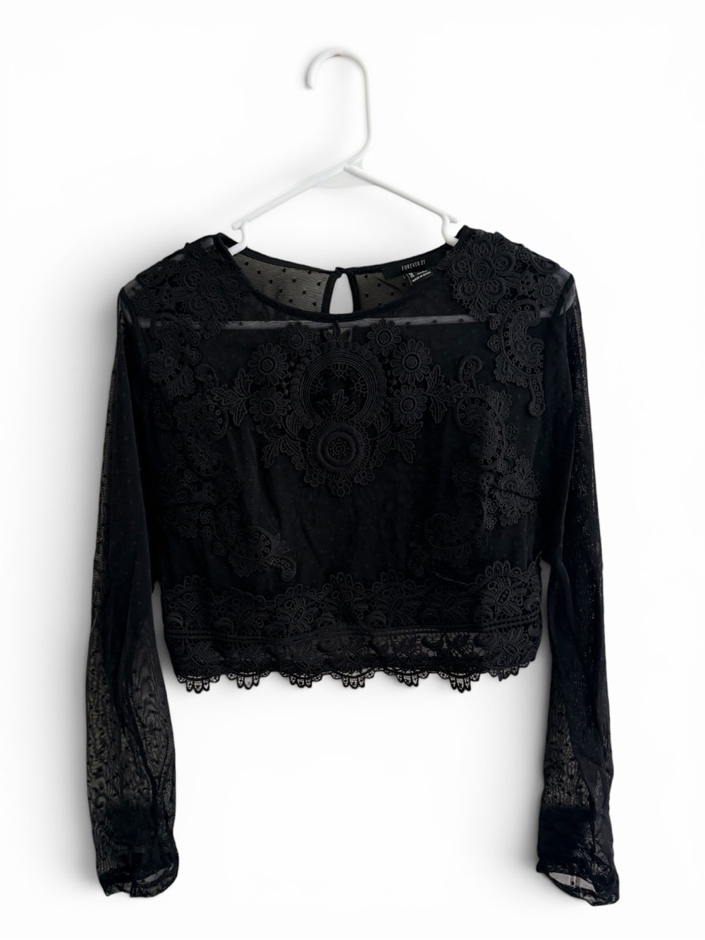 Forever 21 Black Lace Crop Top - Sheer Long Sleeve